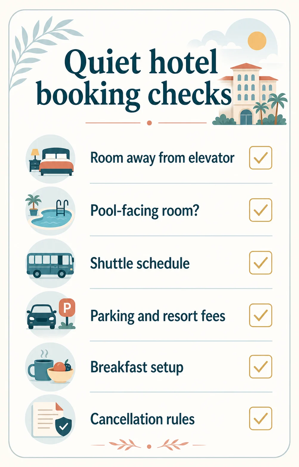 A hotel booking checklist with room layout, fees, breakfast, transport, pool noise, and cancellation terms.