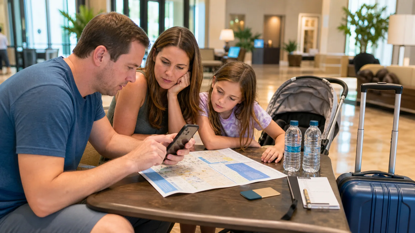 A no-car Orlando planning scene with hotel notes, rideshare planning, stroller, snacks, and a map.