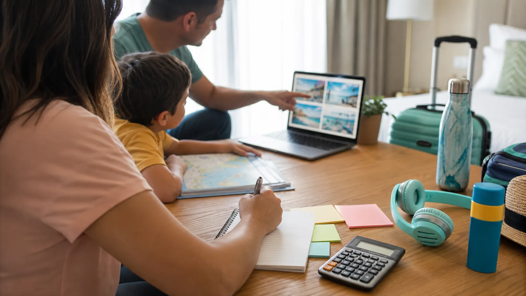 A family planning an Orlando trip budget with a calculator, blank notebook, colored sticky notes, laptop, headphones, sunscreen, water bottle, and suitcase.