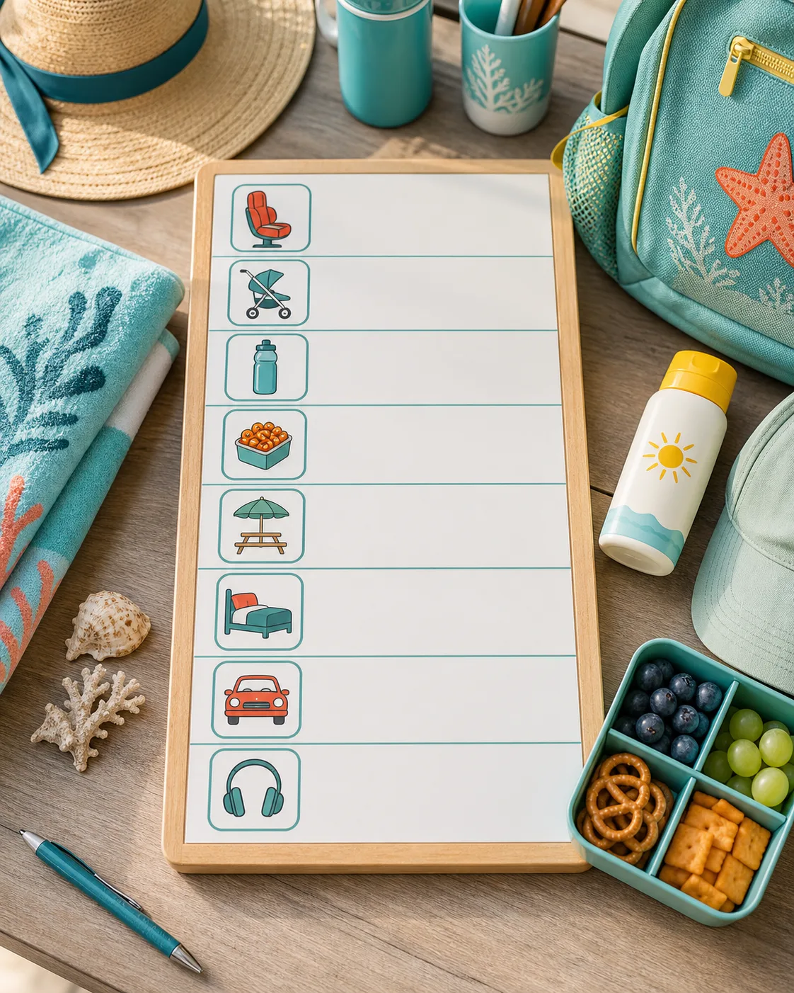 A family theme park day checklist with stroller, snacks, sunscreen, headphones, water, and break planning.